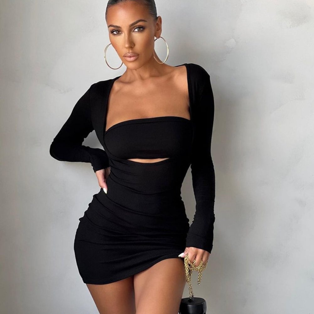 Black 2 Piece Ribbed Bandeau Evening Dress